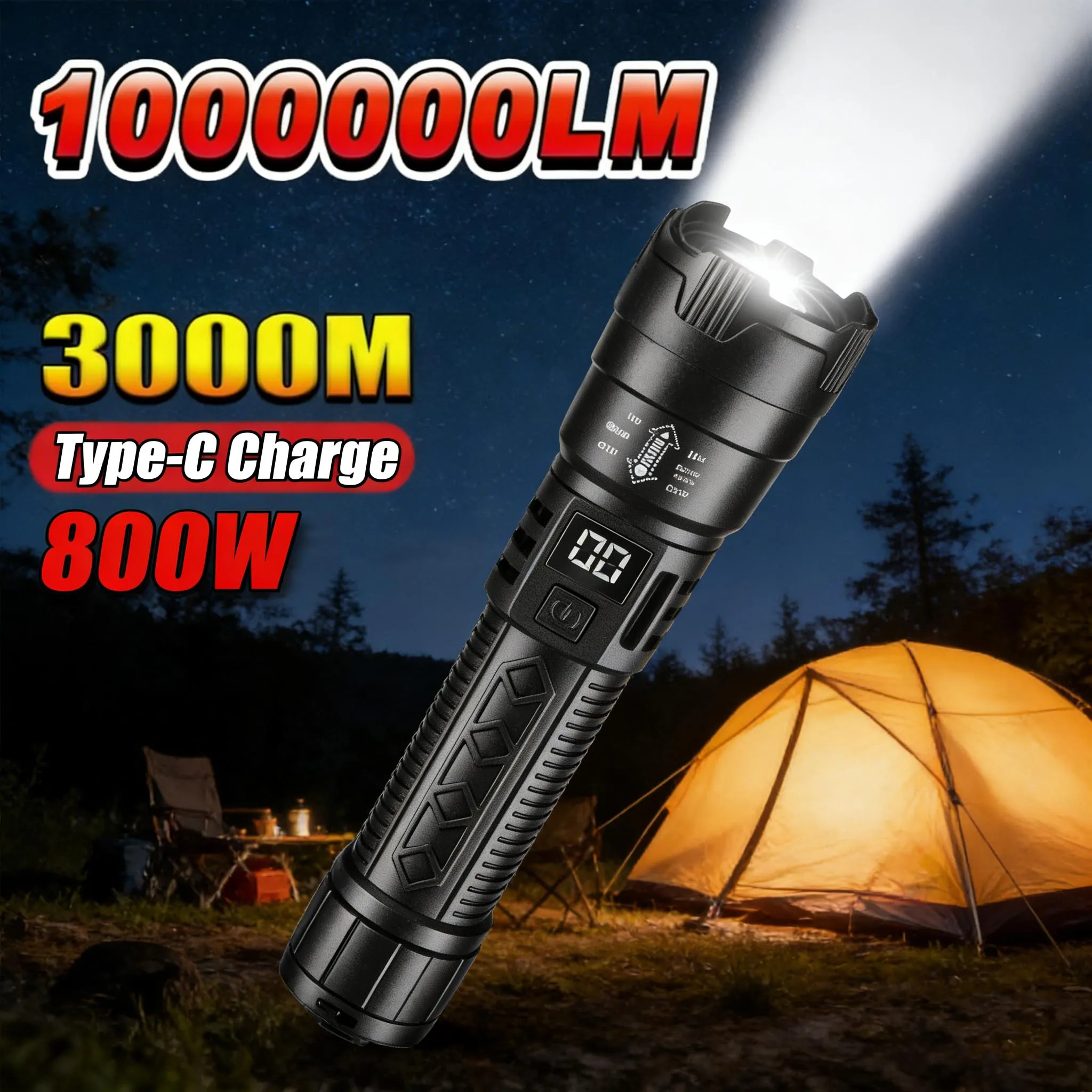 Leistungsstärkste wiederaufladbare LED-Taschenlampe mit integriertem 18650-Akku, taktische Taschenlampe mit großer Reichweite für Angeln und Jagd Image