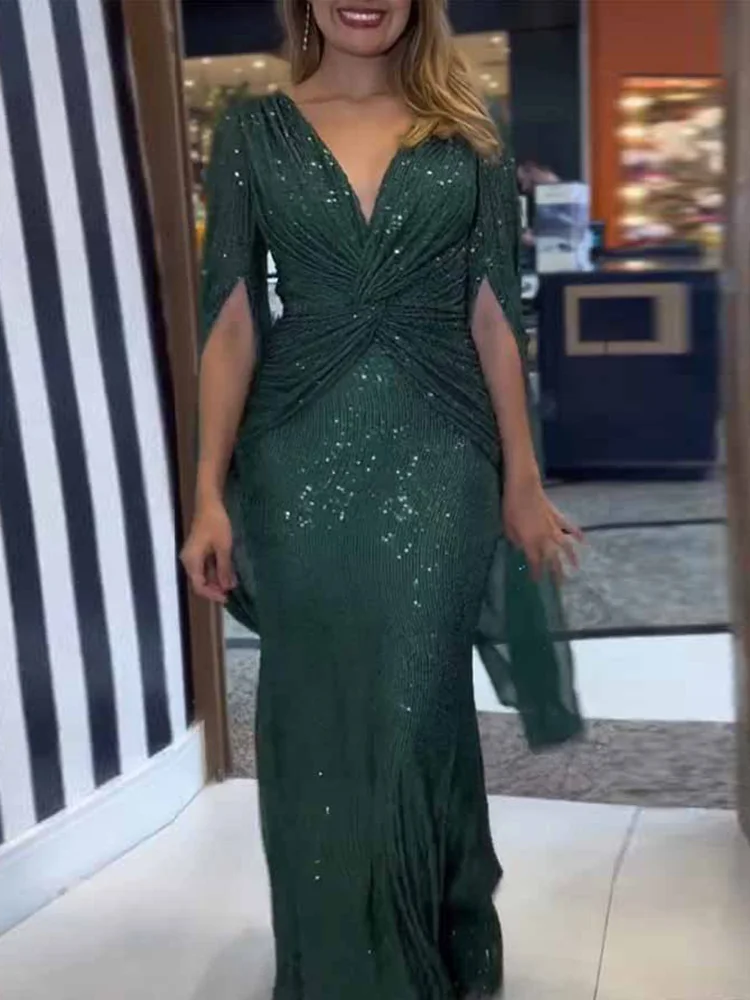 Schickes Party Club Lady Pailletten Slim Fit Kleid aushöhlen Patchwork Langarm Langes Kleid Frauen V-Ausschnitt Reiß verschluss Kleider mit hoher Taille Image