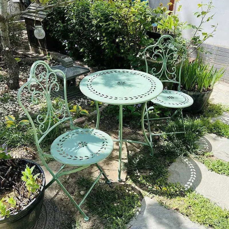 French Country Iron Table and Chairs Outdoor Patio Furniture for Garden White Metal Backrest Seat Balcony Rustic Garden Chairs