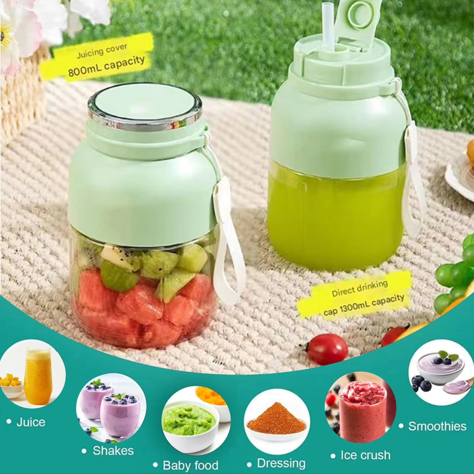 Tragbarer elektrischer Zitrusentsafter und Smoothie-Mixer, 28 Unzen tragbarer Frischentsafter mit Strohhalm und 2 Deckeln, Mini-Fruchtmixer. Image