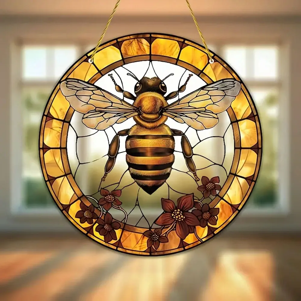 Bee & Flower Stained Glass Garden Suncatcher - Animal Theme Birthday Decoration, Versatile Indoor/Outdoor Ornament for Garden,