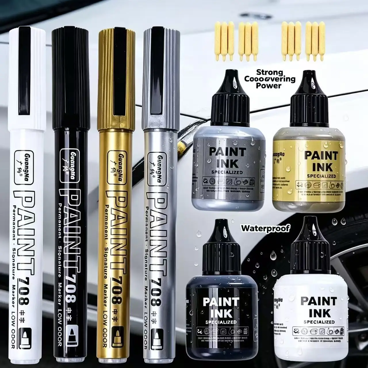 Permanenter Metallic-Lackmarker-Stift mit Tintenset für DIY-Harzformen, Reifen, Metall, Öl, Gold, Silber, Weiß, Schwarz, Blau – Markerstifte zum Zeichnen Image