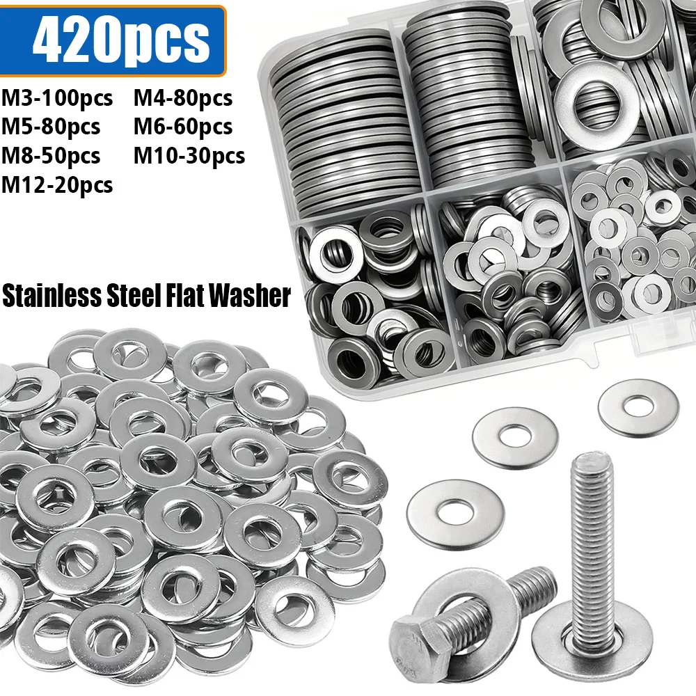 420-teiliges Edelstahl-Unterlegscheiben-Set, M3, M4, M5, M6, M8, M10, M12, für Hauswartung und industrielle Anwendungen. Image