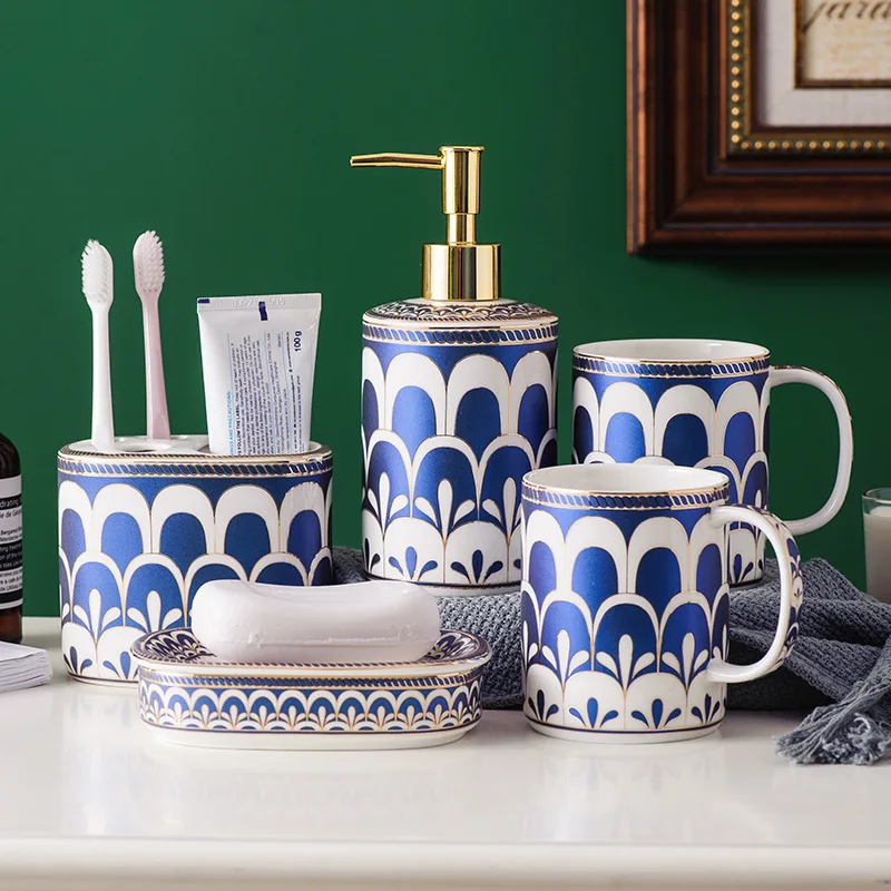 Ensemble de cinq pièces de lavage de salle de bains en céramique, tasse de bain de bouche en céramique, fournitures de salle de bains, accessoires de salle de bains, distributeur de savon,