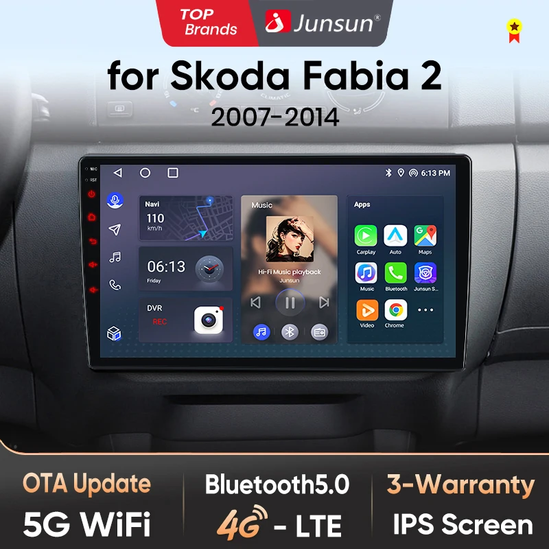 Junsun AI 4G LTE Wireless CarPlay Android Auto Autoradio für Skoda Fabia 2 2007 2008 2009 2010 2011-2014 GPS Navi BT DSP RDS FM Image