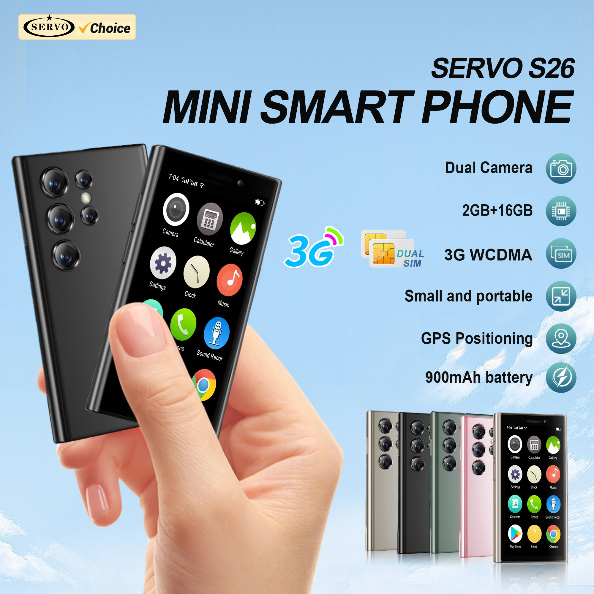 SERVO S26 Mini-Smartphone 3G WCDMA Android 9.0 Play Store 2GB+16GB WLAN Gesichtserkennung Dual-SIM 3,0-Zoll-Display Kleine Smart-Handys Image