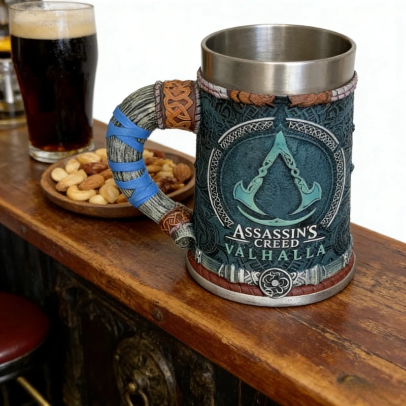 Gamer-Sammlerstück Bierkrug - Assassinen-Inspirierter Mittelalterlicher Krug, Edelstahl- und Harz-Konstruktion, Einzigartige Geschenkidee Image
