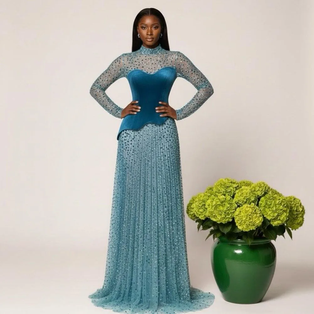 Customized Luxurious Crystal Velvet Prom Dress See Through Bottom Formal Evening Gown High Neck Long Sleeve شارون سعيد