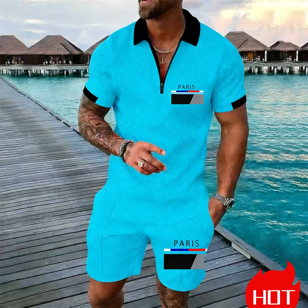 Sommer Herren Poloshirt-Set Vintage Anker-Print Herren Reißverschluss-Polo Zweiteiliges Set Sport-Urlaubsset Atmungsaktive Herrenbekleidung Image