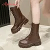 Aphixta Plattform Frauen Moderne Stiefel 5 cm Quadratische Ferse Schmale Band Zipper Frau Schuhe Runde Kappe Braun Große Größe 43 Ankle boot