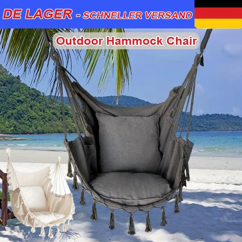 Entspannender Freizeit-Hängesessel aus Stoff mit 2 Kissen, Makramee-Hängesessel mit Quastendesign in Schwarz/Weiß für Innen- und Außenbereich