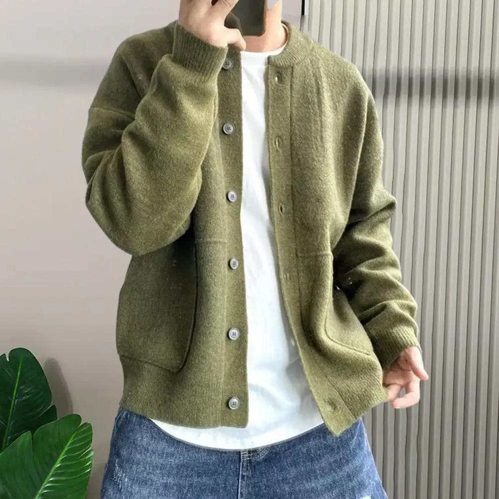 Pullover Mantel Herren Rundhals Strickjacke Pullover mit Einreiher Verschluss Einfarbig Langarm Mantel für Wärme Image
