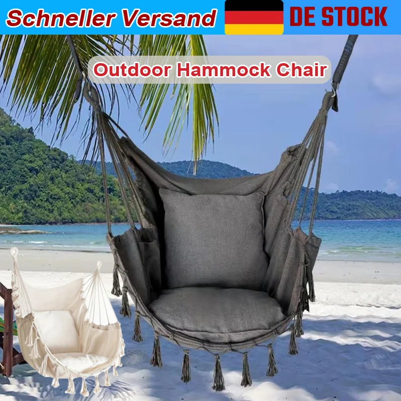 Entspannender Casual-Stoff-Hängesessel mit 2 Kissen, Makramee-Hängesessel mit Quastendesign in Schwarz/Weiß für Innen- und Außenbereich