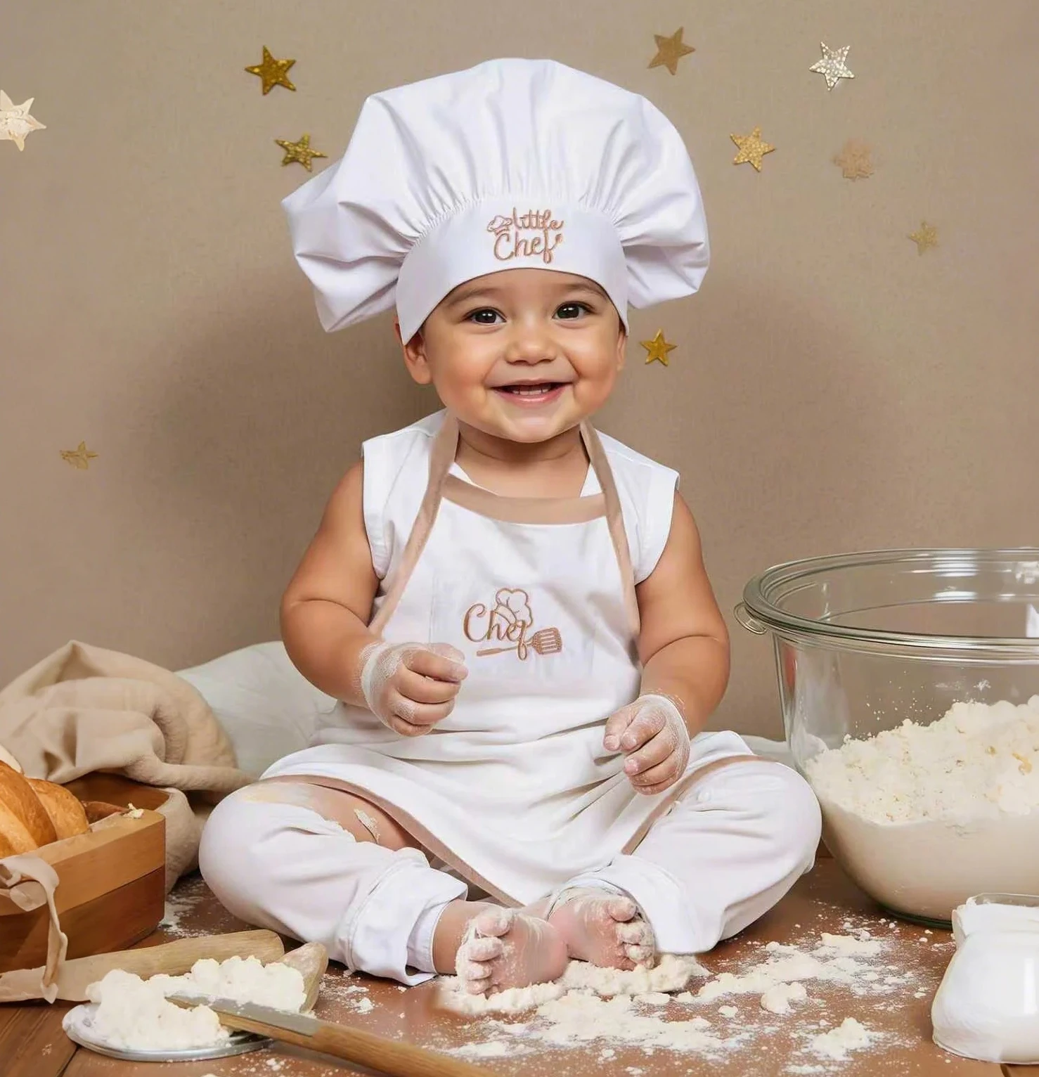 2-teiliges Neugeborenen-Kochset für Fotoshootings, Baby-Fotorequisiten, Brot-Stickerei, Neugeborenen-Fotokostüme, Säuglingsfotografie-Outfits Image