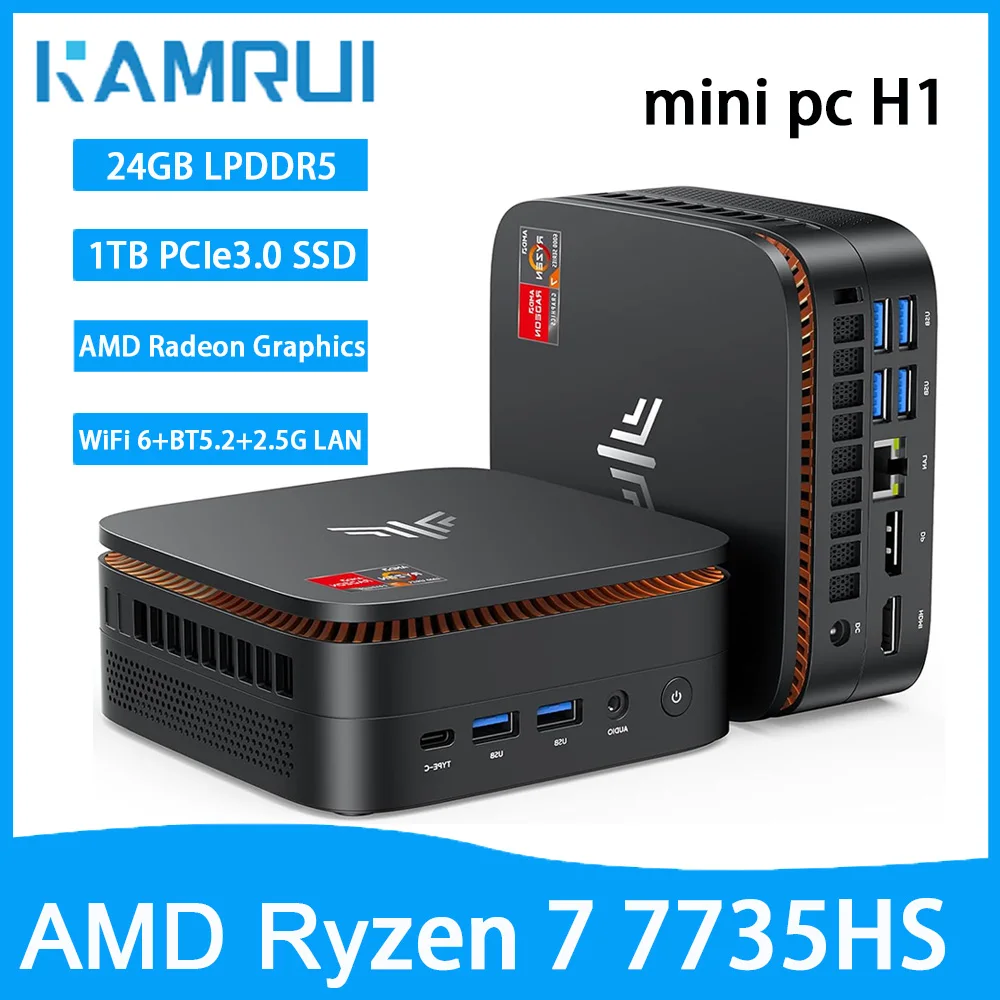 KAMRUI Mini-PC AMD Ryzen7 7735hs 24GB LPDDR5 1TB M.2 NVMe PCIe3.0 SSD Max 4,75 GHz WIFI6 BT5.2 Win11pro Desktop-Gaming-Computer