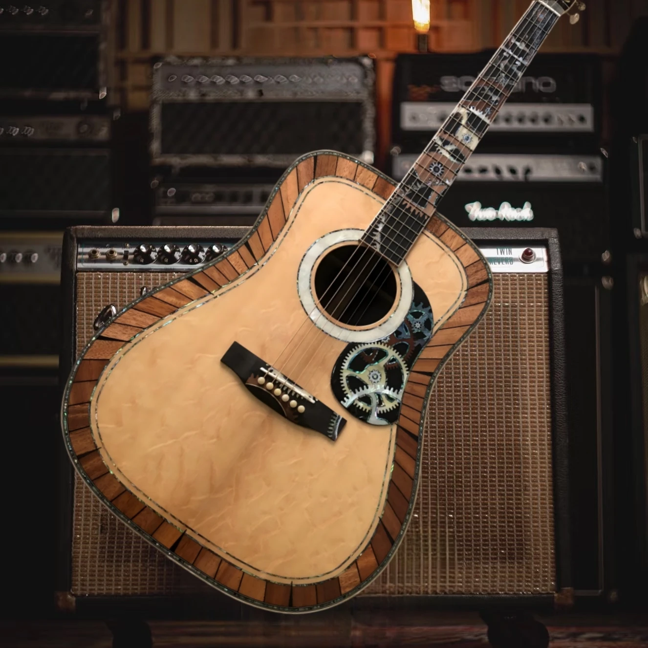 D200 Kollektion: Akustikgitarre mit Vollholz-Bauchplatte aus Fichte mit Bärenkrallenmuster, Ebenholz-Griffbrett, offenen Gold-Tunern und Abalone-Muschel-Inlays Image