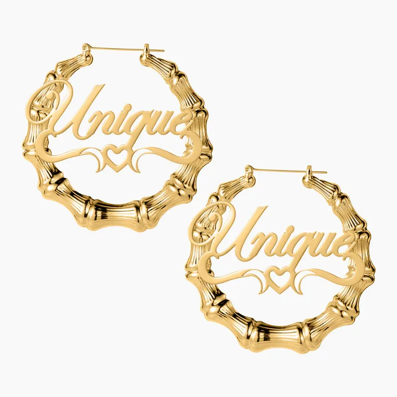 Personalisierte 18K Vergoldete Bambus-Creolen - Maßgefertigte Namensschild Große Goldene Creolen für Frauen, Hip-Hop-Stil Schmuck Geschenk