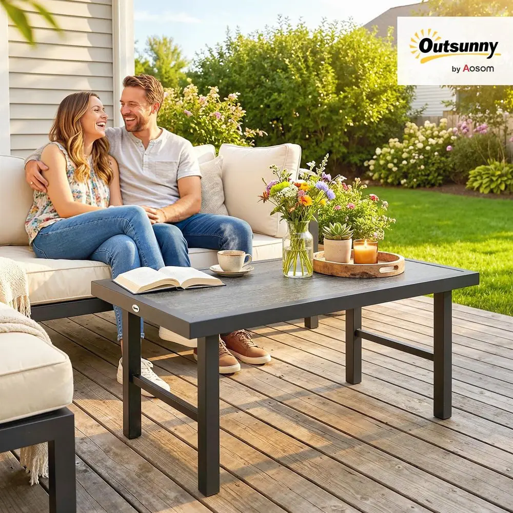 Metal Garden Coffee Table, Outdoor Side Table with SPC Woodgrain Tabletop for Outside, Garden, Balcony, Porch, 100 x 52 x 46cm,