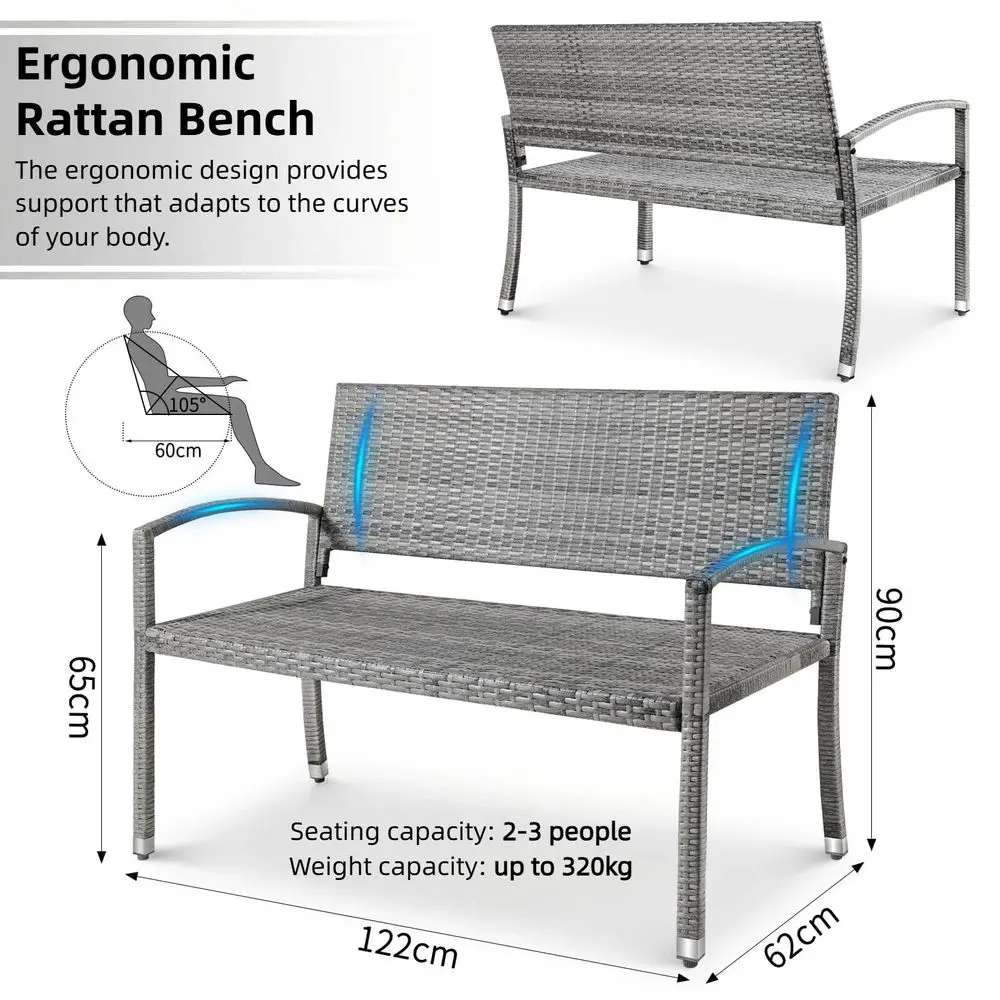 Rattan Garden Bench, 2 Seater Outdoor Wicker Bench with Adjustable Feet, Weatherproof PE Garden Loveseat for Patio, Balcony, Te