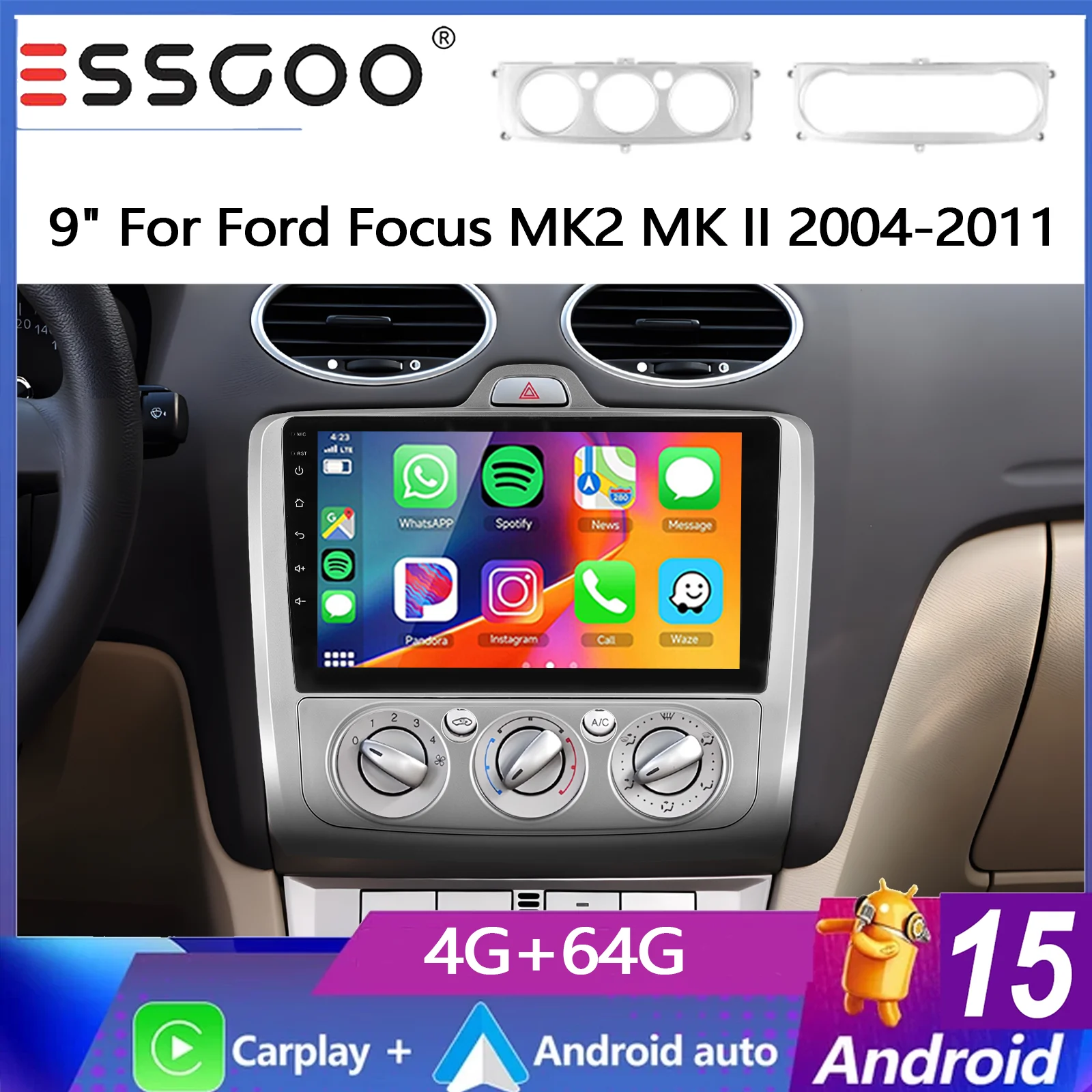 ESSGOO Android 15 9" 4+64G Autoradio für Ford Focus MK2 MK II 2004-2011 GPS Navigation Wireless Carplay Android Auto FM Bluetooth RDS Lenkradsteuerung Mirror Link IPS Touchscreen Multimedia Image