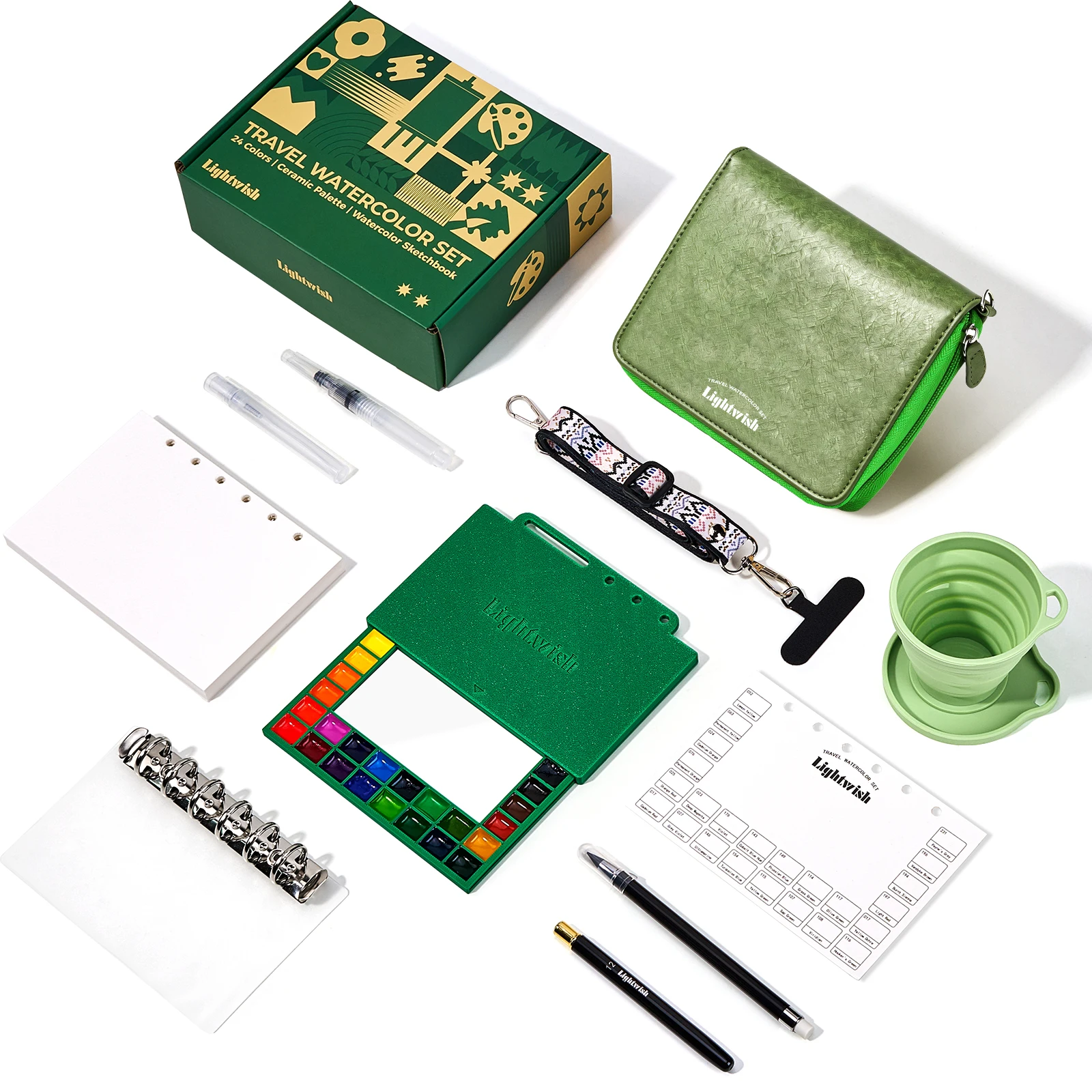 LIGHTWISH Reise-Aquarellset 24 Farben Kompaktes Kunst-Kit mit Nachfüllbarem Papier-Keramik-Palette Pinsel & Sprühflasche für Künstler Image