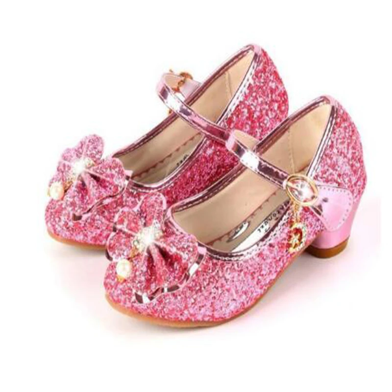 Prinzessinnen-Schmetterling Lederschuhe für Kinder mit Diamant-Schleife und Hohem Absatz, Glitzer-Tanzschuhe für Mädchen, Modische Party-Tanzschuhe
