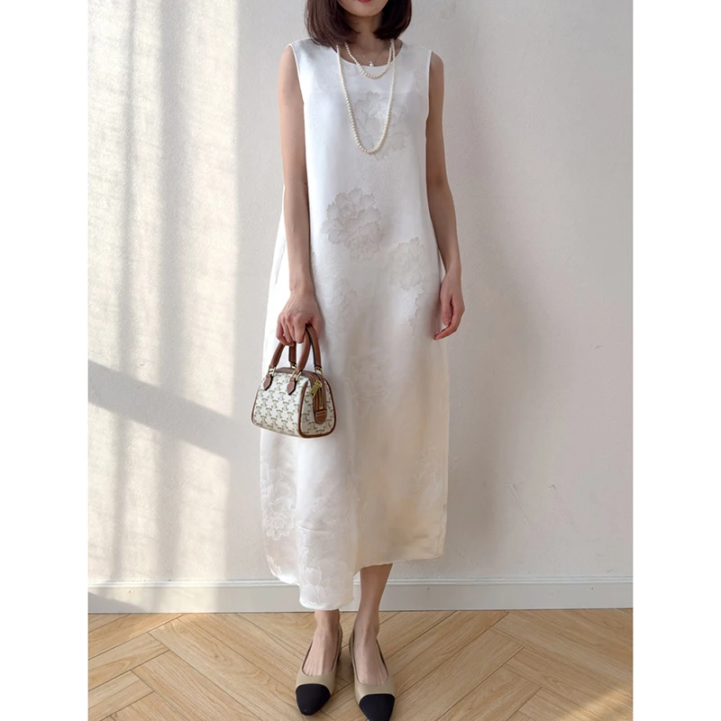 Damen-Seidenkleid, 100 % Maulbeerseide, 35 Momme, Jacquard-Seide, weiß, ärmellos, V-Ausschnitt, Tankkleid, elegantes Midikleid, M, L, XL, M1498