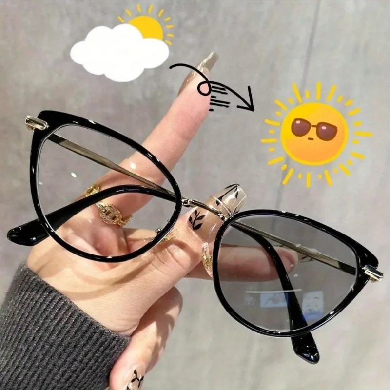 Modische Cat-Eye-Brille mit photochromen Gläsern, Retro-Metallrahmen und neutralen Farben für den Außenbereich Image
