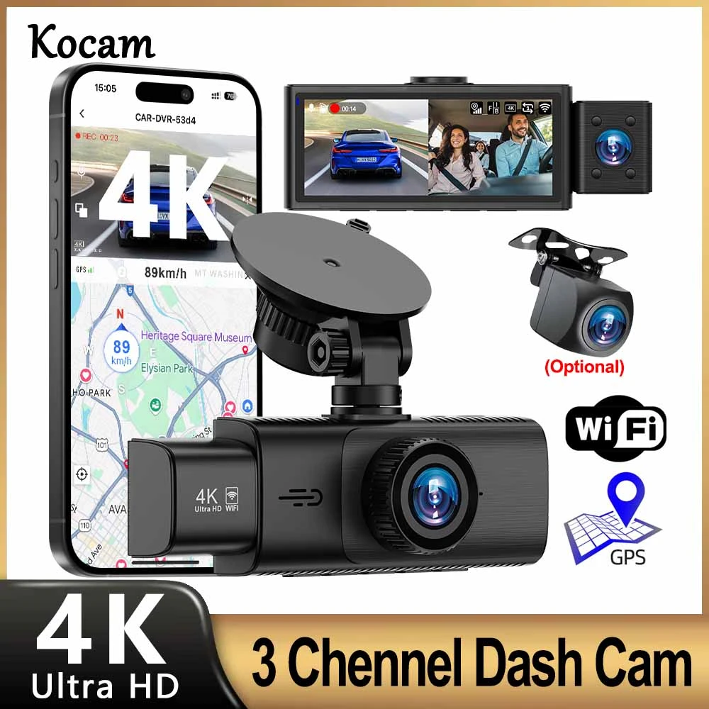 Dash Cam WiFi 4K a 3 Canali con Telecamera Anteriore e Interna 1080P, Telecamera Posteriore, Visione Notturna, DVR Auto 24H, Supporto GPS