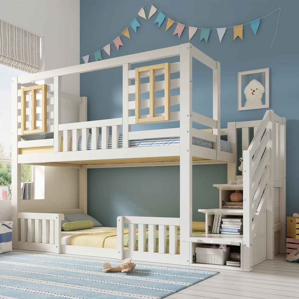 90x200cm Weißes Kinder-Etagenbett im Landhausstil, Platzsparendes Kinderzimmerbett mit Holzfenster, EN747 Sicherheitszertifiziert Image