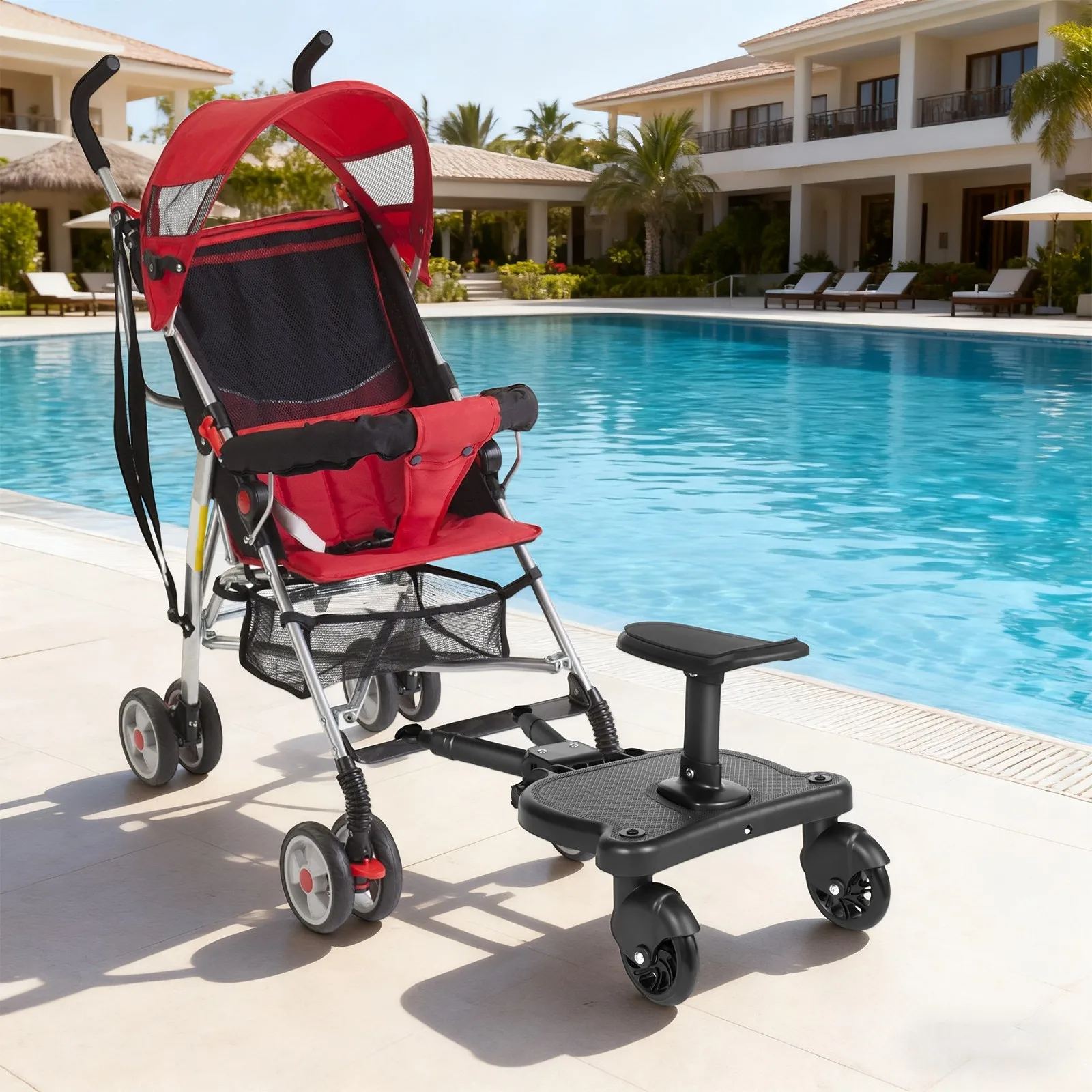 2-in-1 Kinderwagenbrett mit Sitz, 25 kg belastbares, verstellbares Universal-Buggy-Board, Steh- und Sitzbrett für Kleinkinder von 3-7 Jahren Image