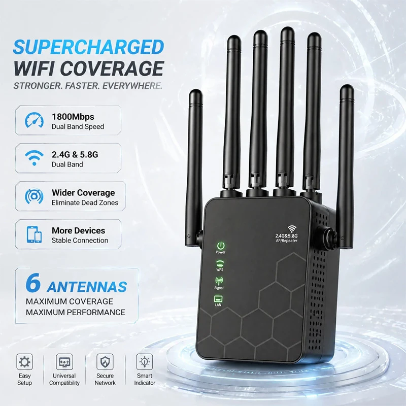 WiFi 6 Signalverstärker Repeater mit 6 Antennen, Kompakter Tragbarer WLAN-Verstärker für Smart-Router, Breite Abdeckung, Wanddurchdringung Image