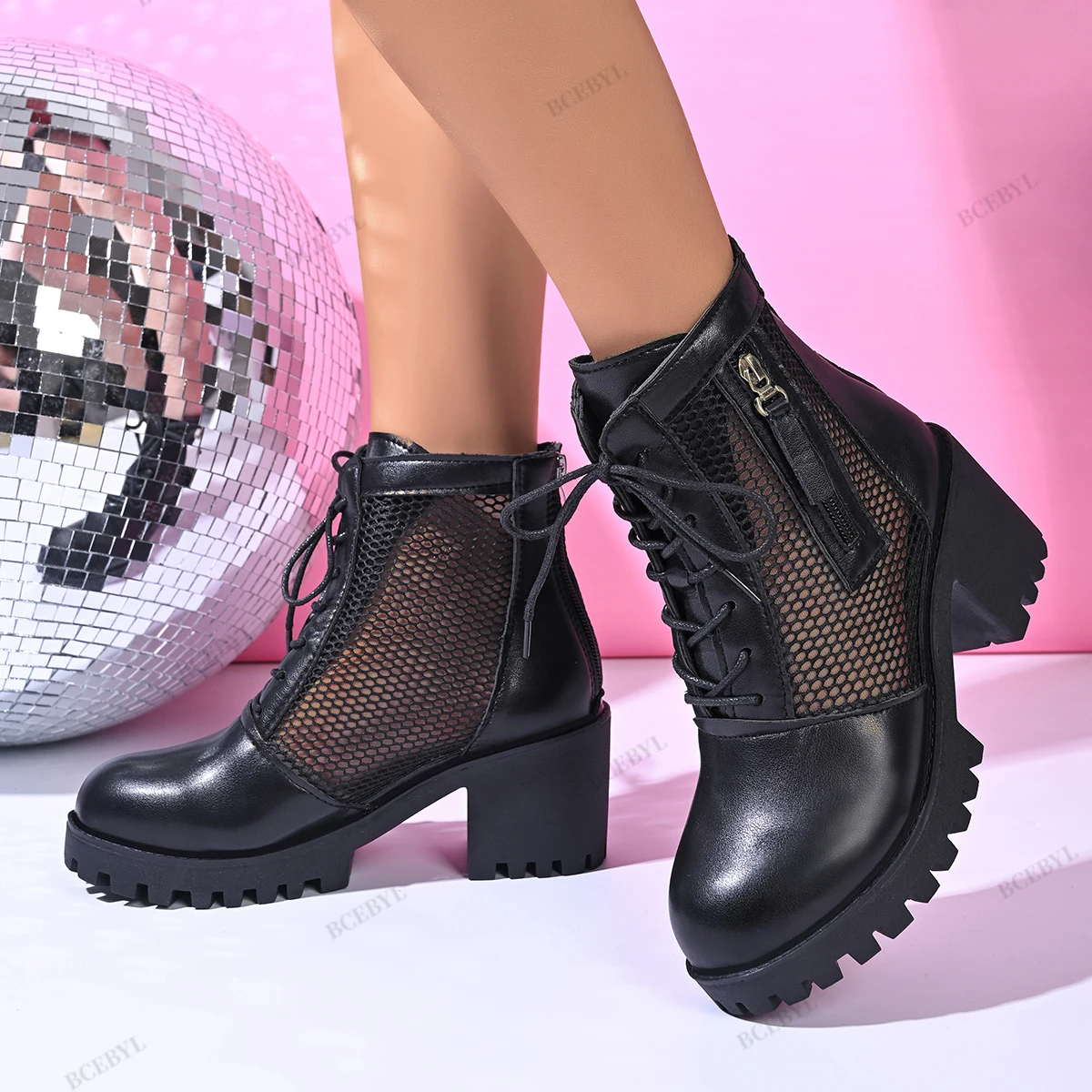 Modische, heiß begehrte, elegante Stiefel mit runder Spitze und hohem Absatz, coole Sommerstiefel im neuen Stil, bequeme/sexy Mesh-Freizeitstiefel für Damen Image