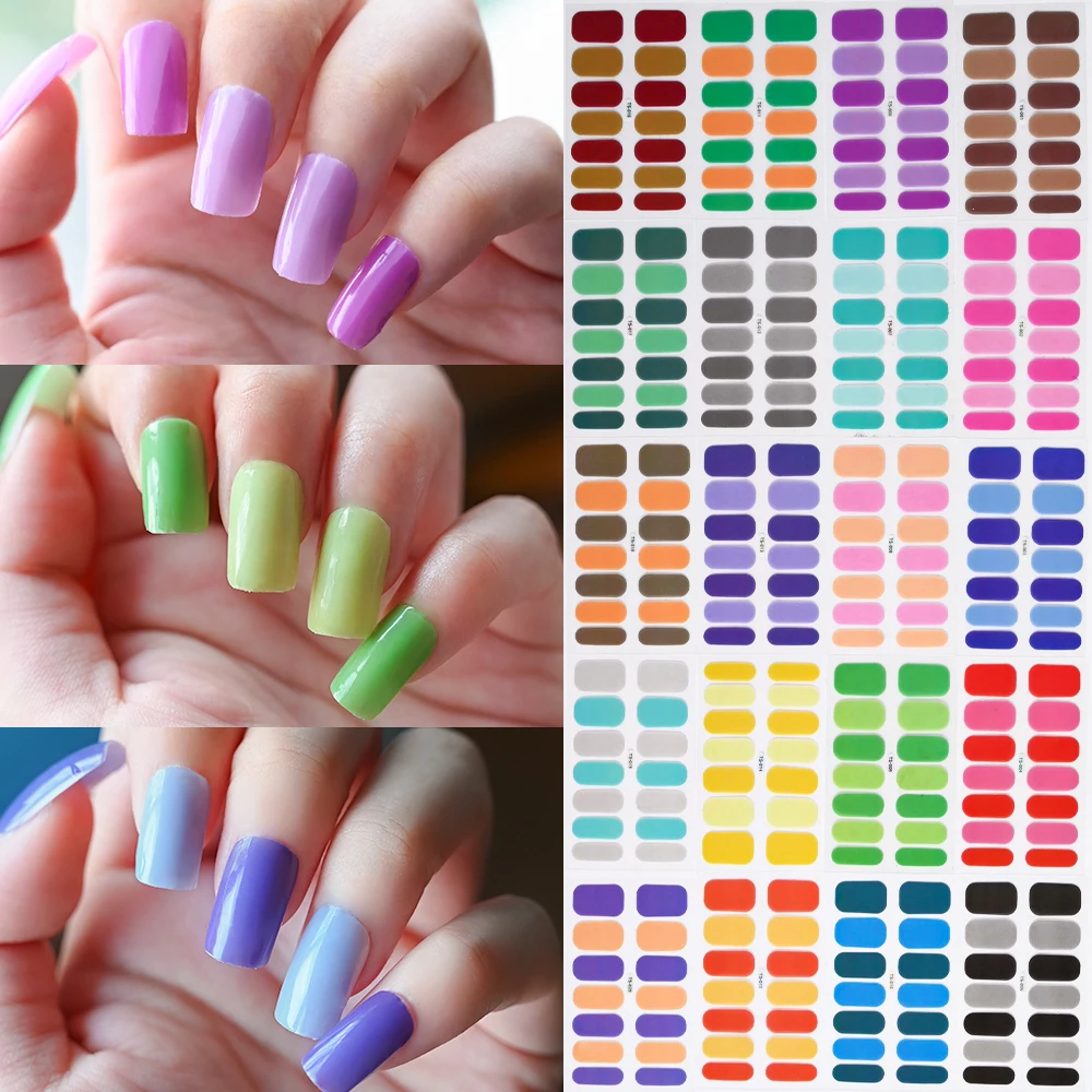 14 Tipps, vollständige Abdeckung, einfarbige Nagelaufkleber, bunte Nagelfolien, 20 Farben, selbstklebende Nagelaufkleber, keine UV-Lampe erforderlich # NL-TS-003 # Image