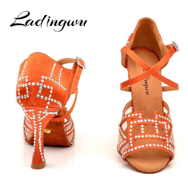 Ladingwu Latin Dance Schuhe Salsa Frauen Glänzende Strass Tanz Schuhe Rot-braun Satin Ballroom Dance Schuhe Weichen Boden