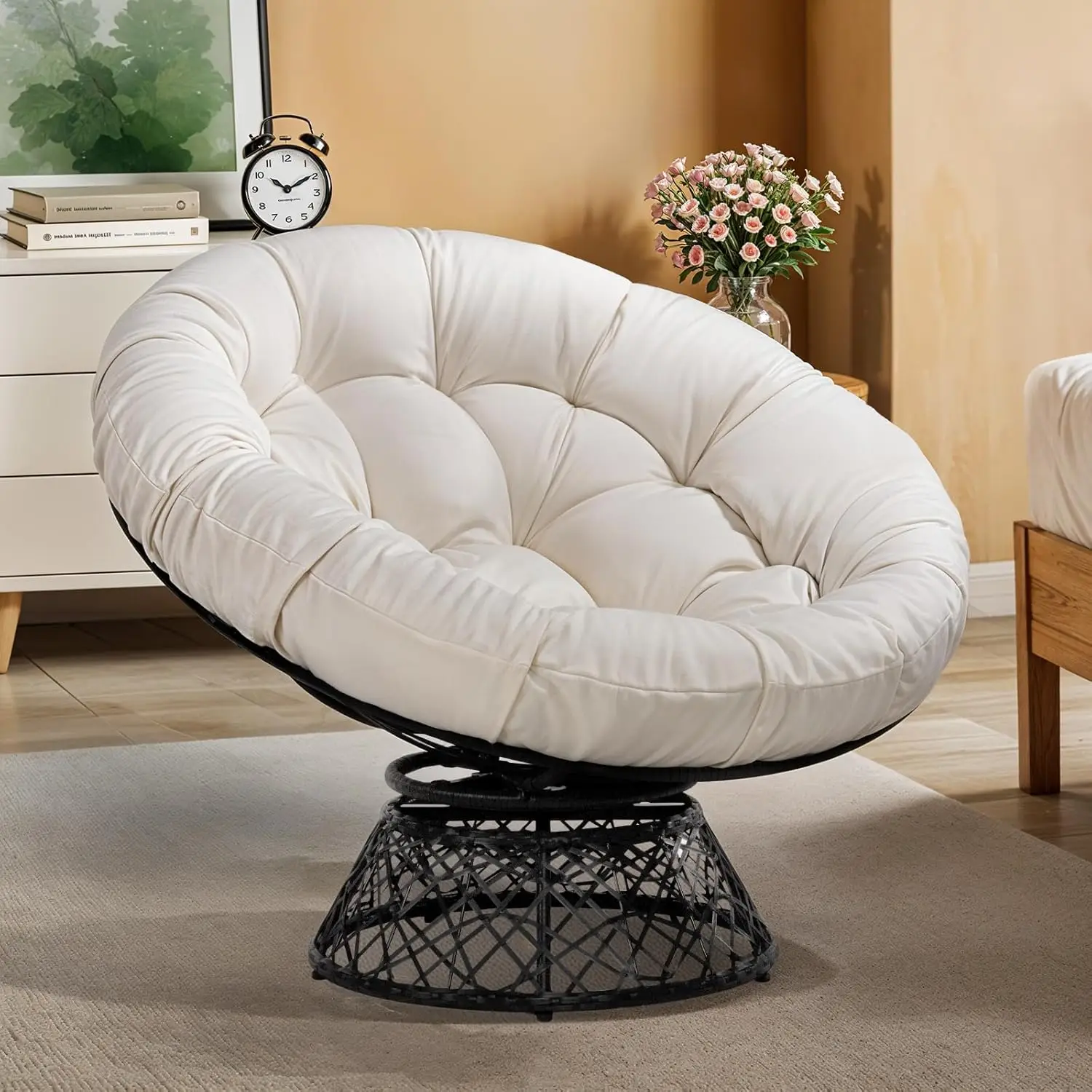 Übergroß 360 ° Drehbarer Papasan-Gartenstuhl mit 6 Zoll dickem Kissen, handgeflochtene Wicker-Eierstühle für Innen- und Außenbereiche, Balkon, Garten
