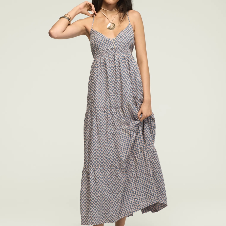 Lucky Brand Printed Ruched Waist Maxi in Blue Ikat, Size M
