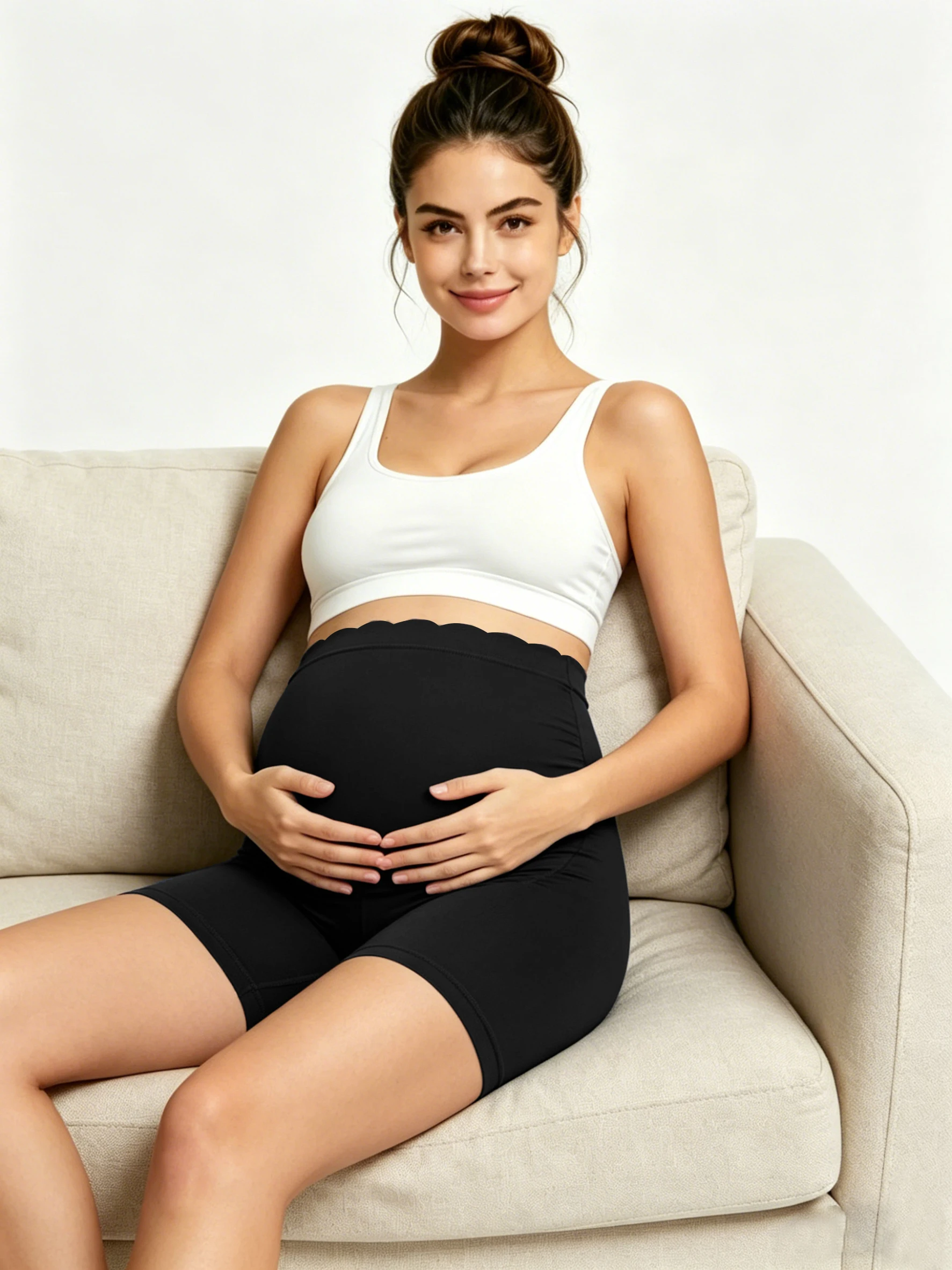 Hochgeschnittene Umstands-Yoga-Shorts mit Muschelkantenbund, Bauchstütze, Schwangerschafts-Radlerhose, Nahtlose Dehnbare Workout-Sicherheitsunterwäsche Image