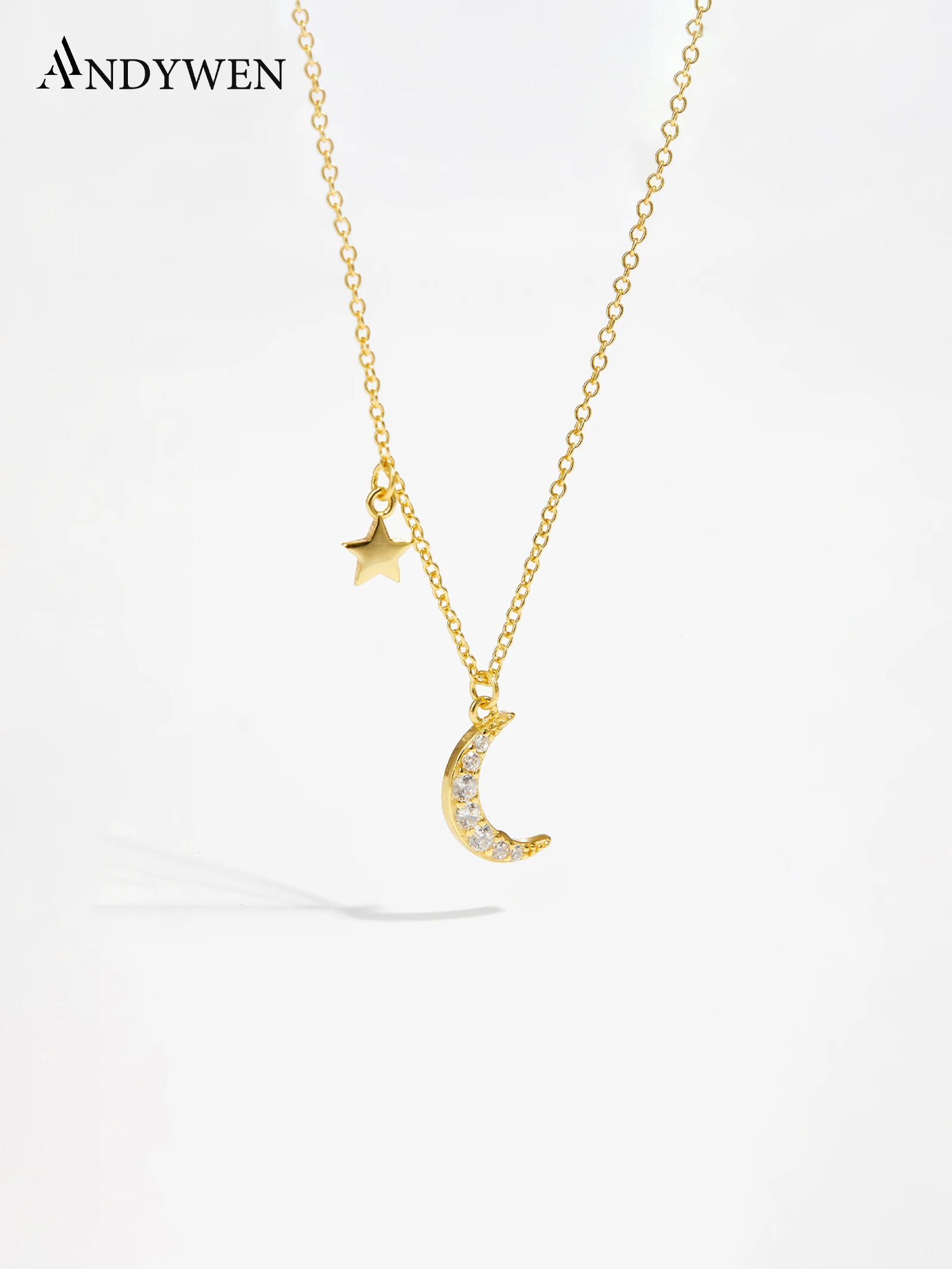 ANDYWEN Halskette aus 925er-Sterlingsilber mit Zirkon, CZ, Mond-Stern-Anhänger, lange Kette, Damen, eleganter Hochzeitsschmuck, Kristall, Luxus Image