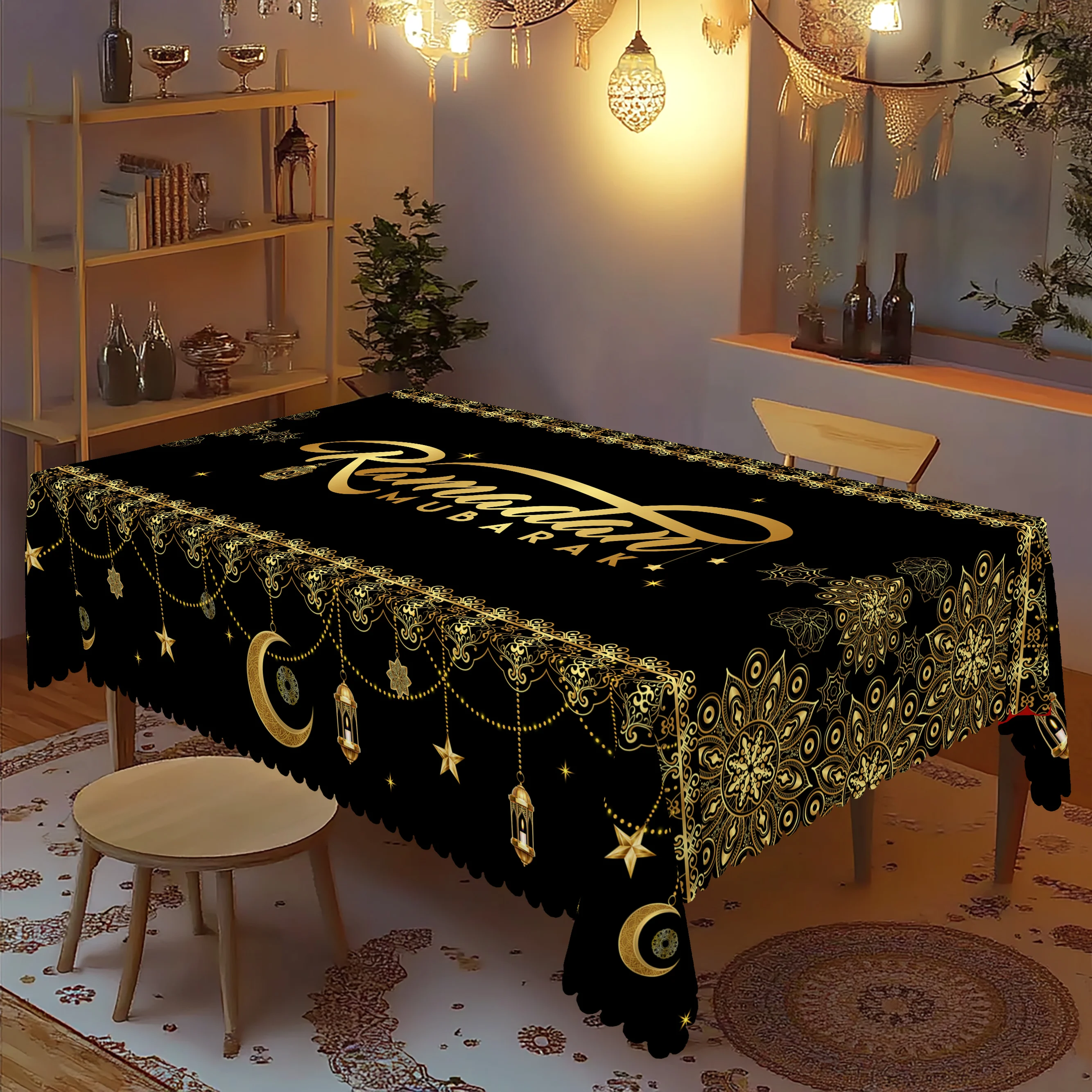 1-teilige runde und rechteckige Ramadan-Tischdecke, erhältlich in 5 Größen, wunderschöne bedruckte Tischdecke mit muslimischem Elementmuster, geprägte Kantenhandwerkskunst, Eid Image