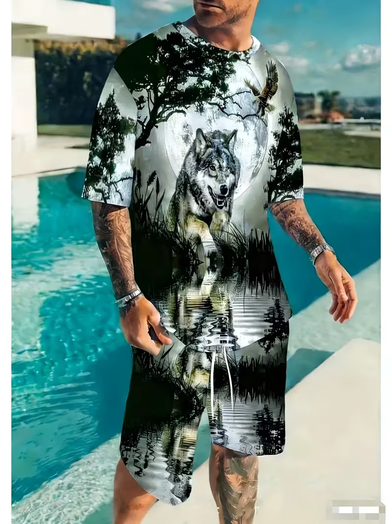 Zweiteiliges Set mit 3D-Druck im Mountain Forest Lone Wolf Ink Style für Erwachsene und Kinder, lässiges Sportoutfit für den Hawaii-Urlaub Image