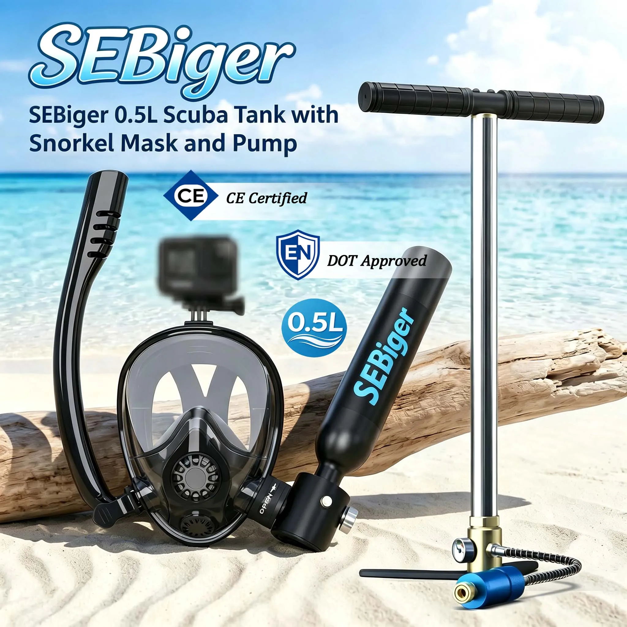 SEBIger 0,5L Tauchflaschen-Set mit Vollgesichtsmaske für Anfänger-Schwimmer Wiederverwendbar Unterwasserzeit 5-10 Minuten für Outdoor-Reisen Image