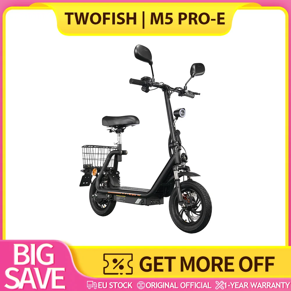 TWOFISH M5 PRO-E EEC-zertifizierter Elektroroller mit Sitz und Hinterkorb, 48V 13Ah Akku, 500W Motor, 12 Zoll Reifen, 30 km Reichweite, 40 km/h Höchstgeschwindigkeit, Doppel-Scheibenbremsen, Vorder- Image
