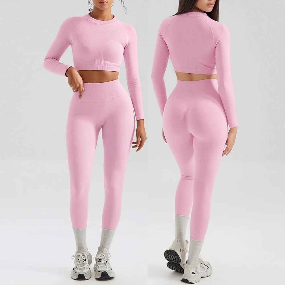 Ensemble de sport 2 pièces pour femme : survêtement de yoga à séchage rapide, t-shirt de sport à manches longues et leggings de yoga pour la course et l'entraînement en salle de sport
