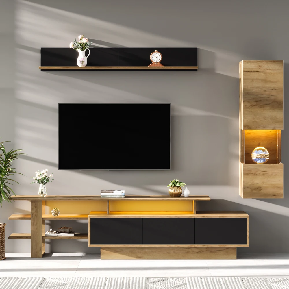 TV-Wohnwand-Set 3-teilig LED-Beleuchtung Wohnzimmer-Möbelset Frontale Wohnwand 1 x TV-Schrank, 1 x Wohnzimmer-Vitrine