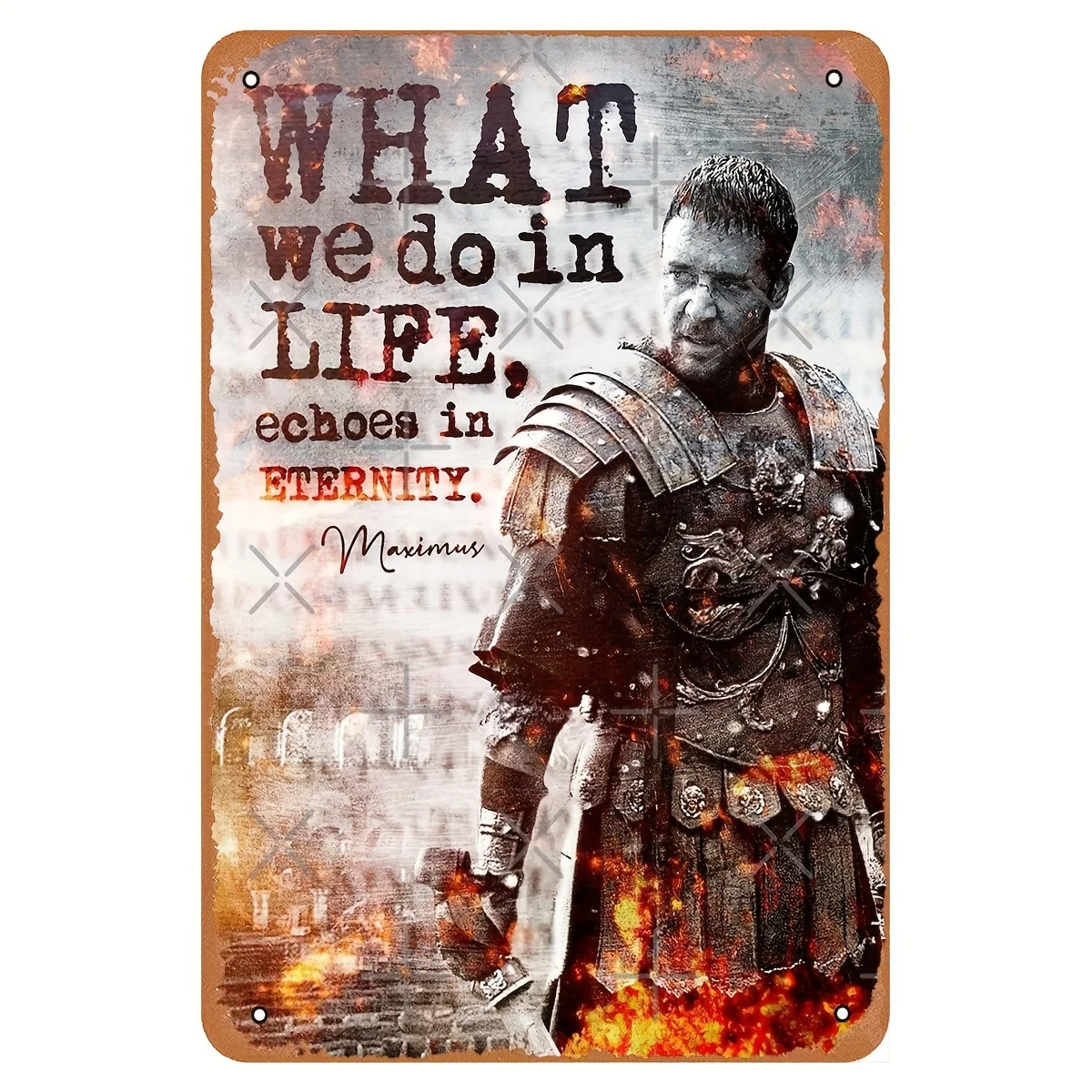Maximus der Gladiator Inspirierendes Zitat Metall-Wandkunst - Vintage Eisenschild, Rustikales Römisches Soldaten-Design mit Flammen & Schneeflocken Image