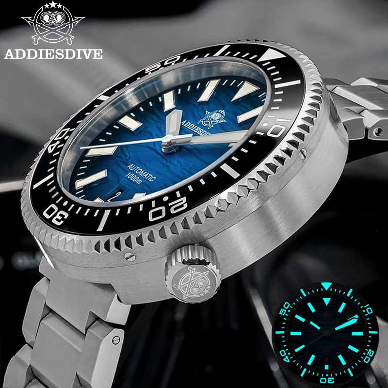 ADDIESDIVE Top 1000 m wasserdichte mechanische Uhr, Saphirgrasblau, superleuchtende Keramiklünette, 316L-Edelstahl, Herrenuhr Image