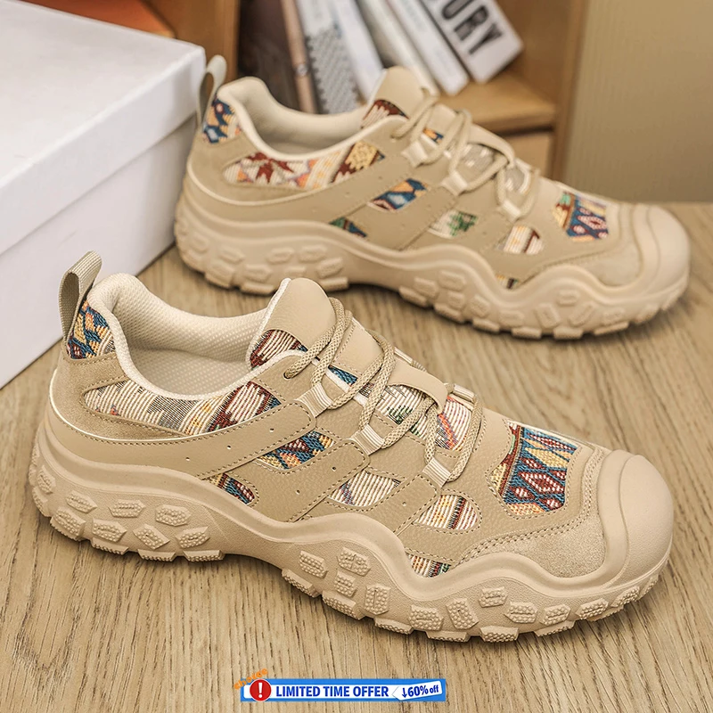 Retro-Wanderschuhe für Herren, rutschfeste, verschleißfeste Plateau-Sneaker, lässige Outdoor-Trekkingschuhe, atmungsaktive Schuhe mit kollisionssicherer Zehenkappe Image