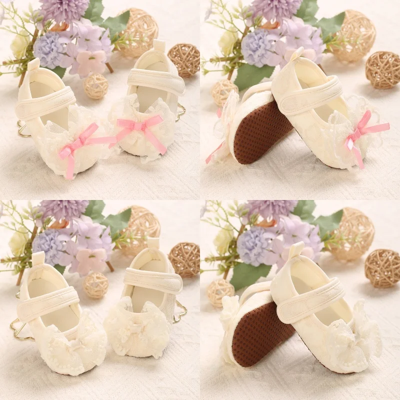Spitzen-Schuhe für süße Babys (0-18 Monate) mit Schleife, flache Schuhe für die ersten Schritte, niedliche Babyschuhe mit weicher Sohle