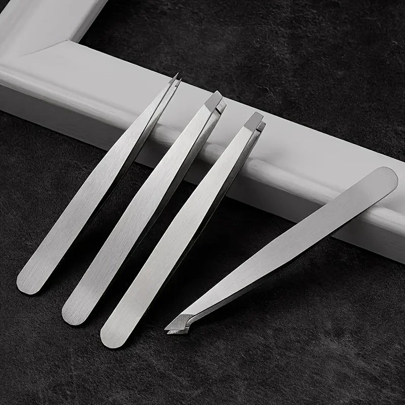 4-teiliges Pinzetten-Set, professionelle abgewinkelte Pinzetten aus Edelstahl, Werkzeuge zur Augenbrauen-Haarentfernung, Bart- und Haarentfernung Image